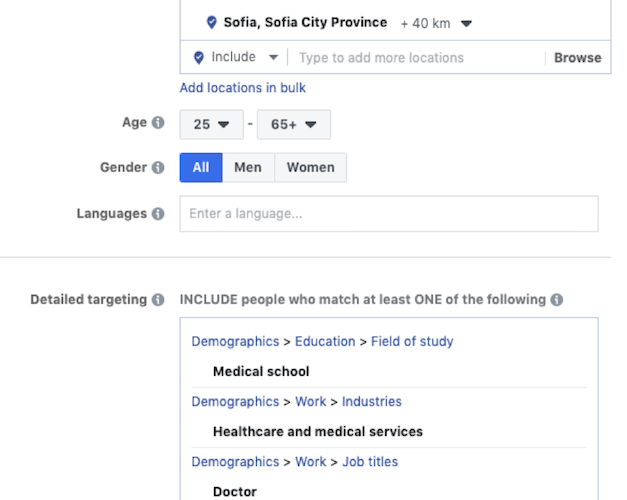 Snapshot of Facebook Ads interface showing different demographic and interest targeting available in the marketing platform.
