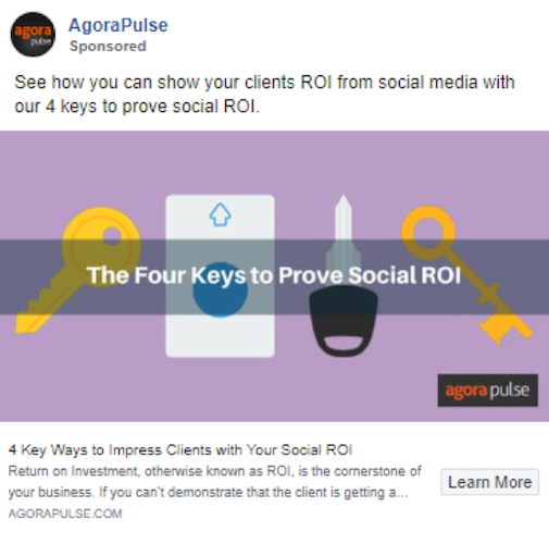 Image of a Facebook ad promoting blog post titled 4 Ways to Impress Clients with Your Social ROI