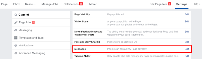 Enable Messages on Business FB Page