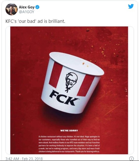 KFC apologized for mistake that resulted in stores closing down with clever campagin.