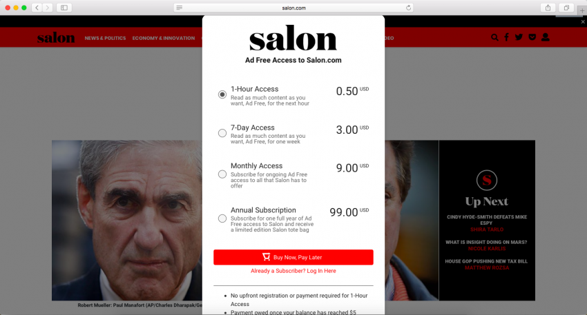 salon magazine offers an ad-free browsing experience