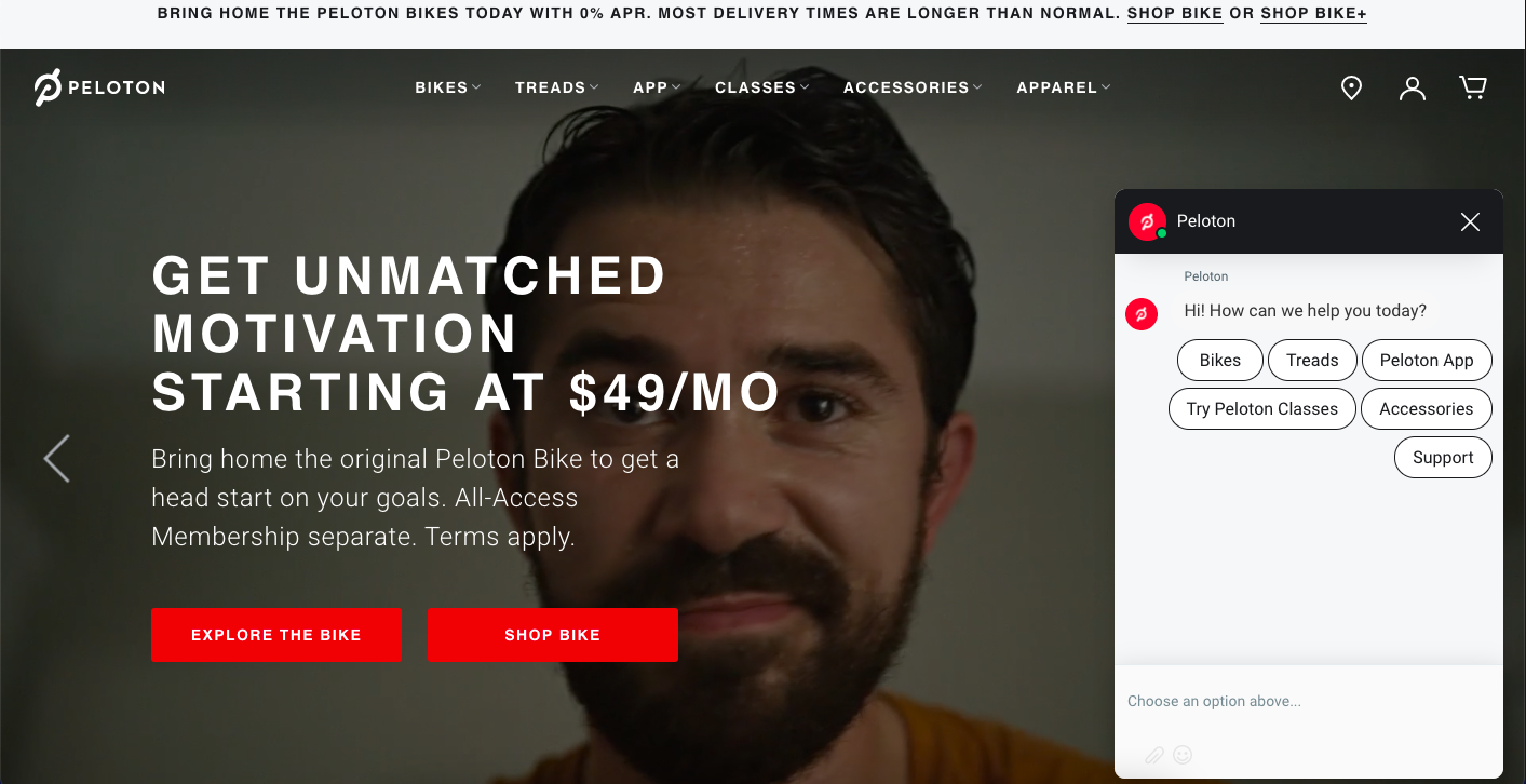 Peloton uses a chatbot to support customer service efforts.