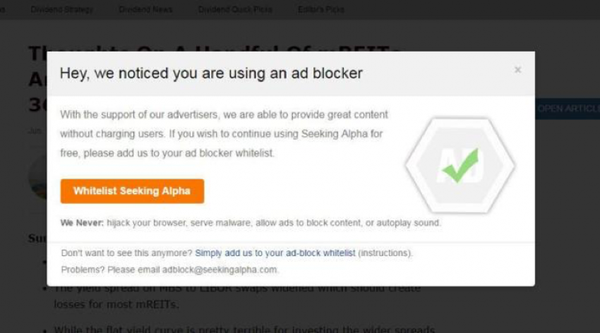 websites like SeekingAlpha give users the option to whitelist the site or continue browsing without ads