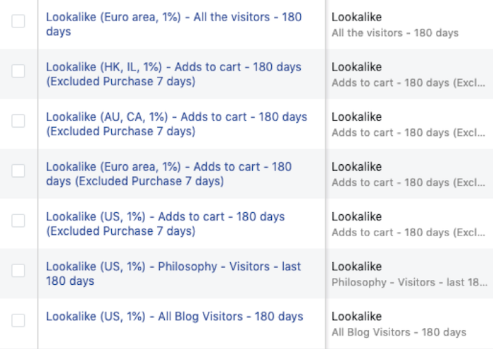 Image of lookalike audiences in Facebook Ads of website visitors, add-to-cart and interests