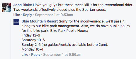 Blue Mountain Resort Facebook comment repsonses
