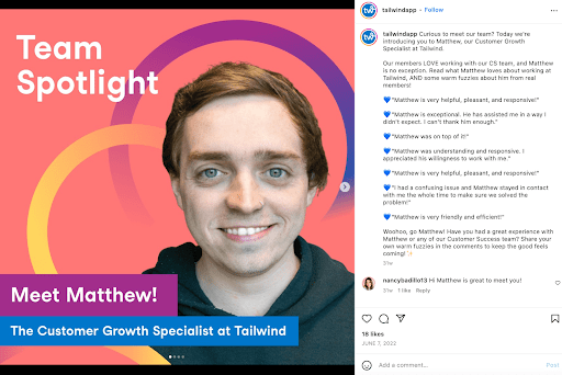 Tailwind highlights employees on Instagram