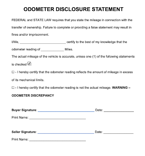Template for Odometer disclosure statement
