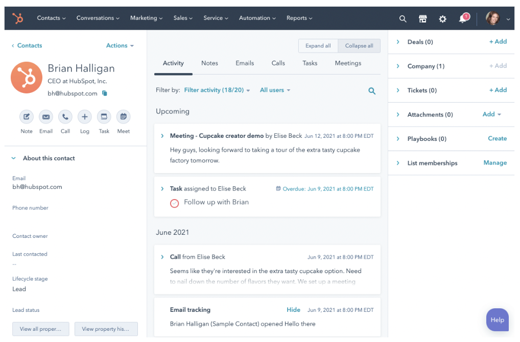 HubSpot CRM appearance exmaple - contacts