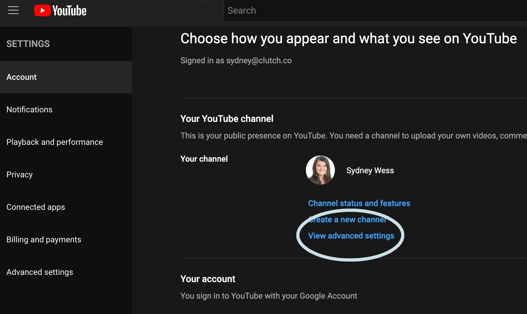 How to Delete a YouTube Channel - step 3: advanced settings