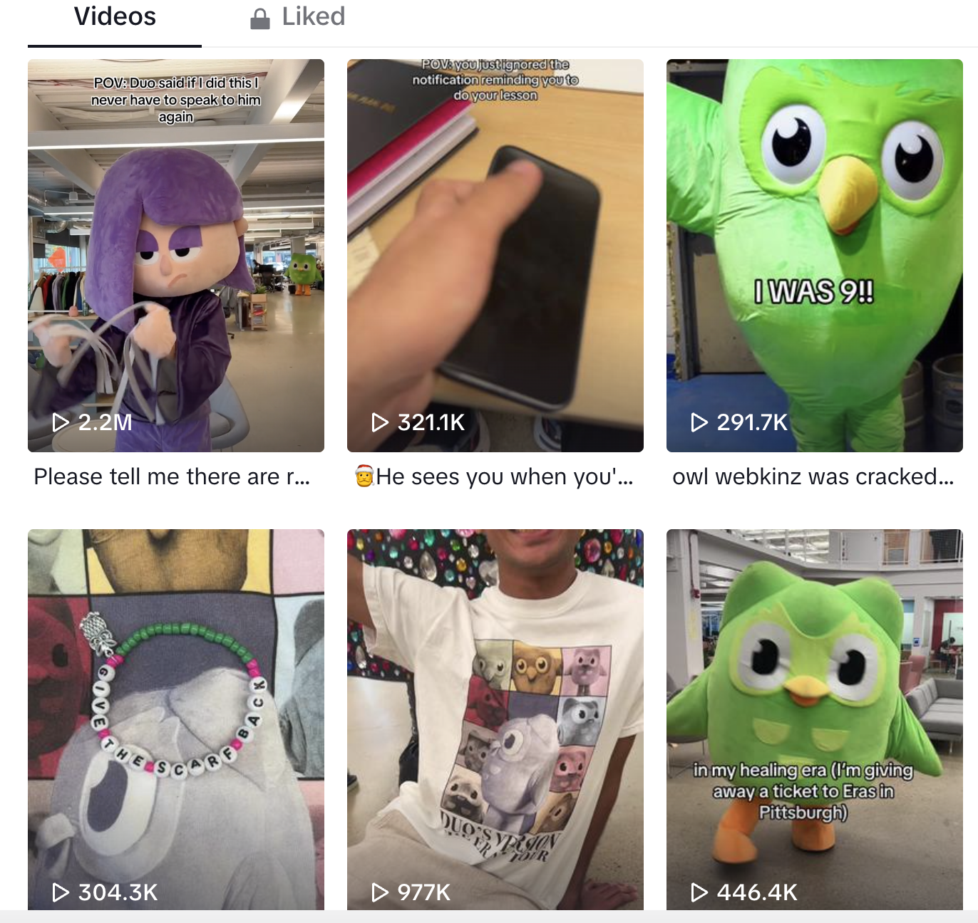 examples of popular videos on the DuoLingo TikTok account