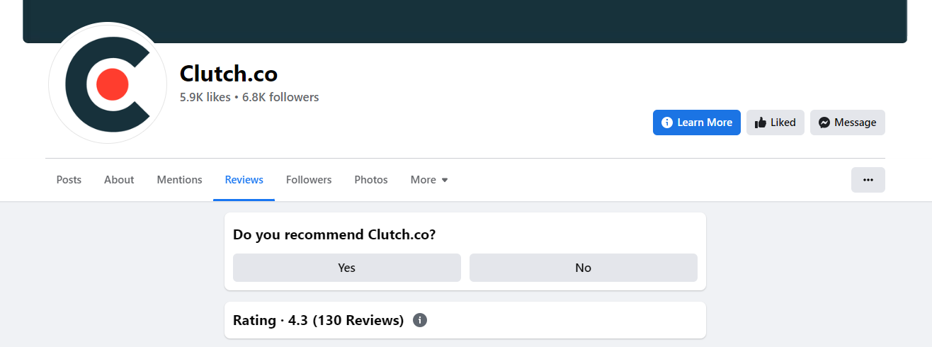 Screenshot of Clutch.co's ratings on Facebook