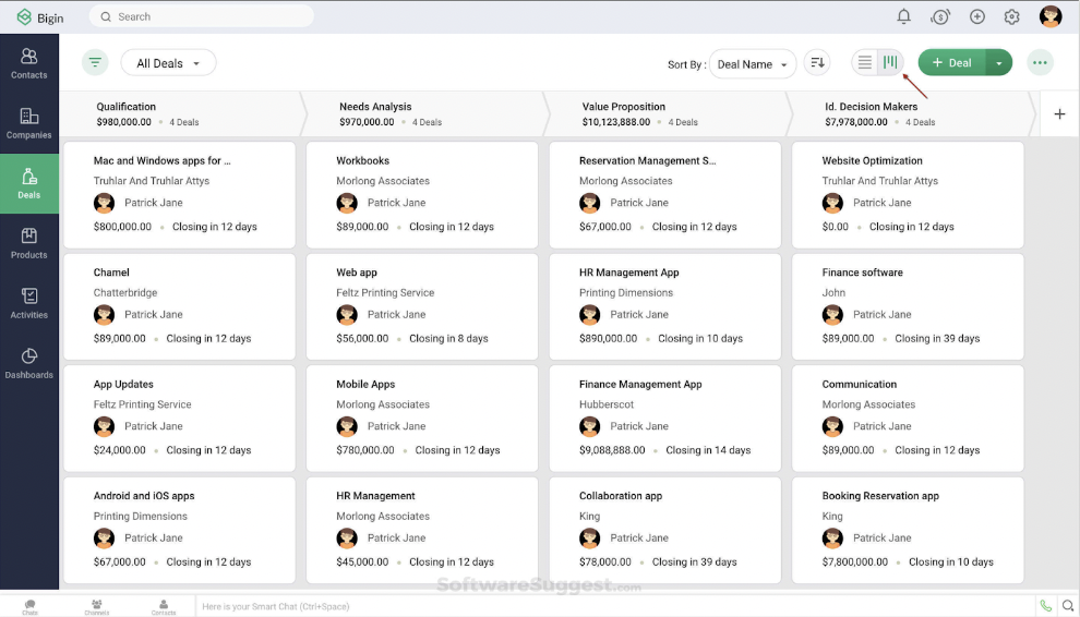Bigin is a CRM software built for small businesses -- pictured is deals pipelines and stages