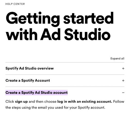 Getting Started with Ad Studio, create account page
