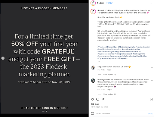Flodesk offers promotions on Instagram