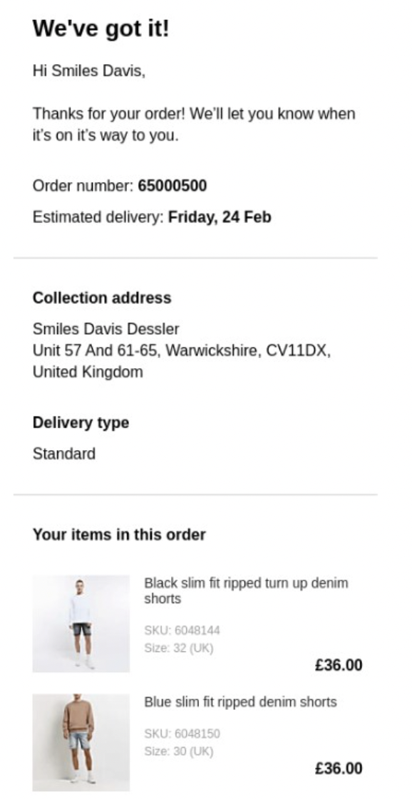 ASOS completed transaction email example