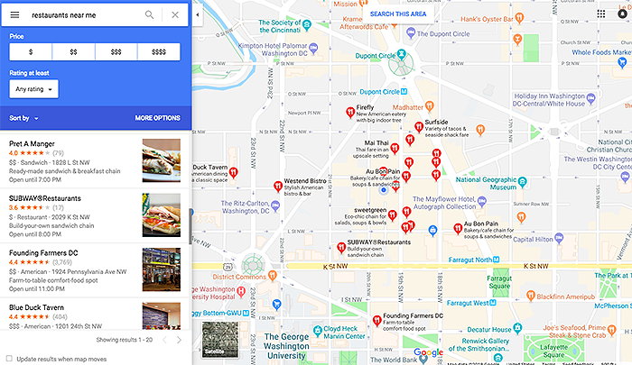 Screenshot of Google Maps' restaurant listings
