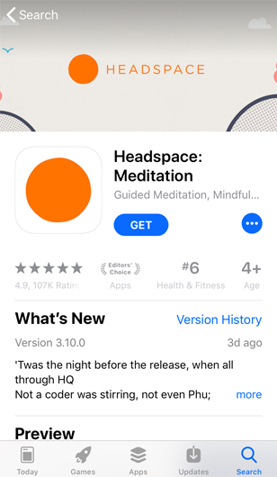 screenshot of subscription-based meditation app Headspace