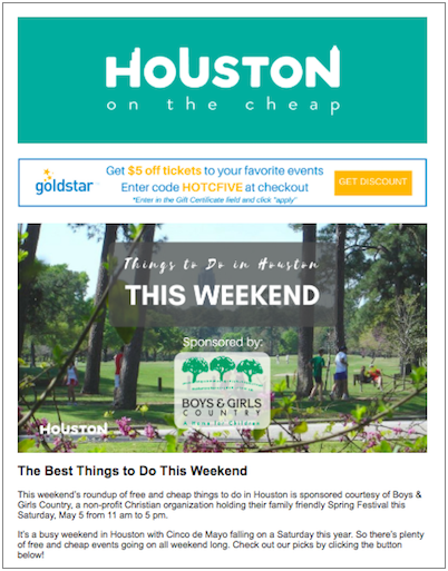 Houston on the Cheap email marketing