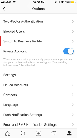 screenshot of business account settings in Instagram