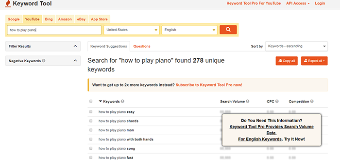 Screenshot of Keyword Tool