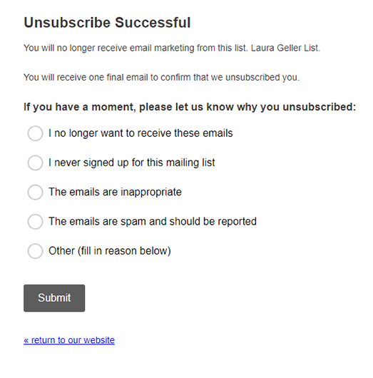 Laura Gellar Cosmetics unsubscribe page