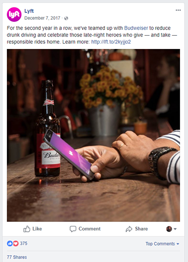 Lyft drinking and driving Facebook post