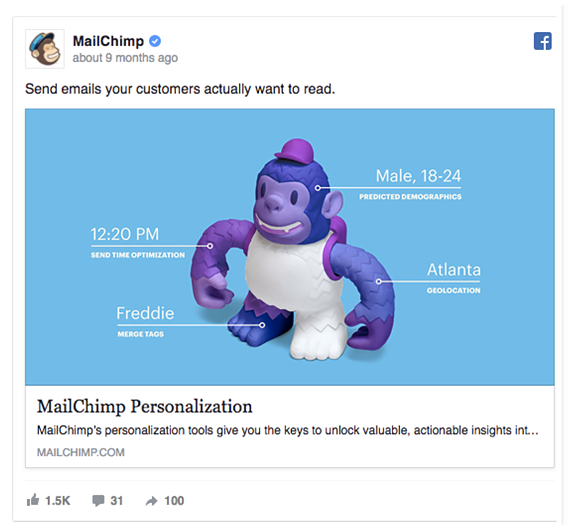 screenshot of MailChimp Facebook ad with enticing featured image of monkey mascot