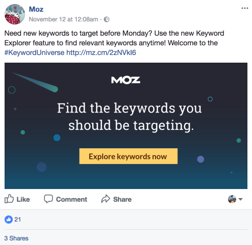 Moz promoting its new keyword tool on Facebook