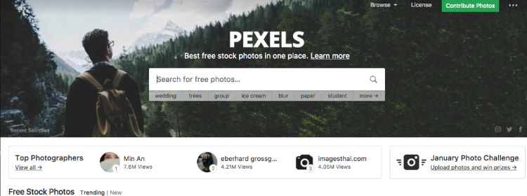 Screenshot of photo website Pexel's homepage