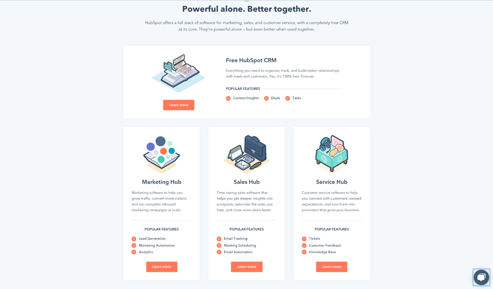 On its website, HubSpot explains how it can help with marketing, sales, and services.