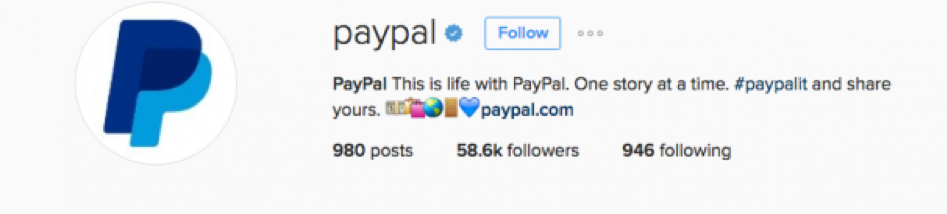 Paypal leverages a branded hashtag in its Instagram bio. 