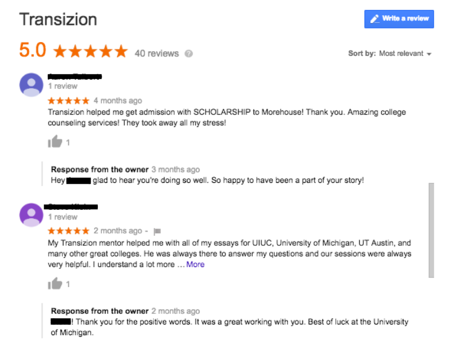 Transizion always responds to positive reviews, thanking the customer and wishing them luck in the future.