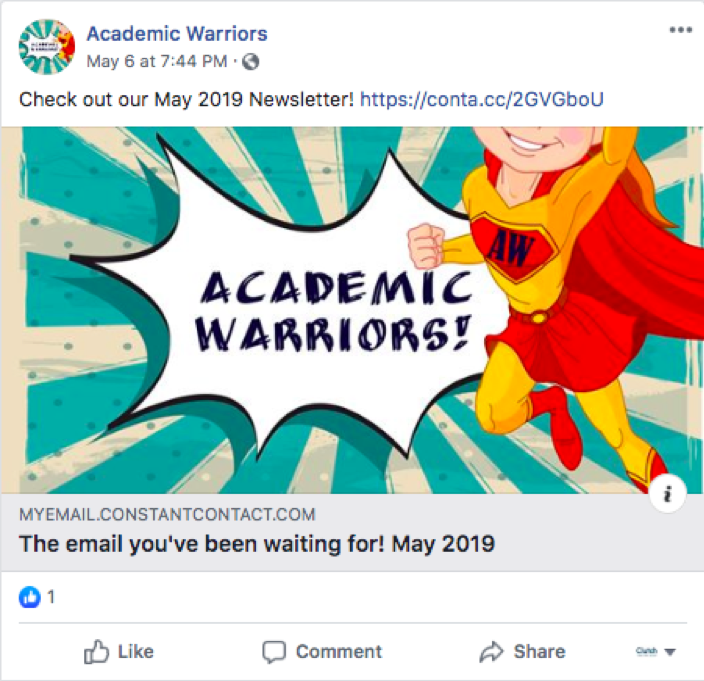 Academic Warriors uses Facebook to share information about its newsletter. 