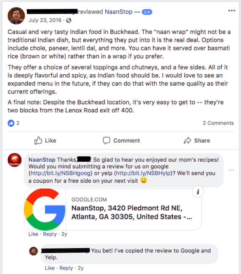 NaanStop encourages customers who leave positive reviews on social media to consider leaving a review on Google and/or Yelp as well.