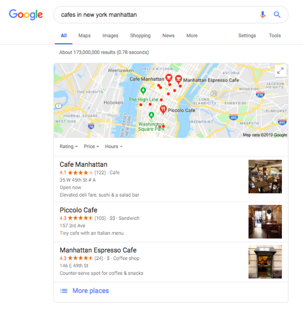 People who search for a specific type of business, such as a cafe, will find a listing of three businesses in the search results.