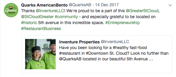 Quarks restaurant post on Twitter