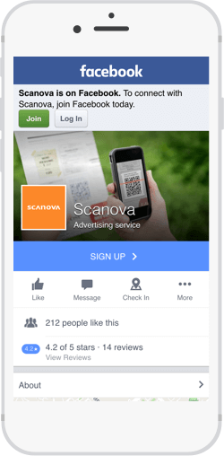 Scanova's Facebook page, which visitors can access through a QR code