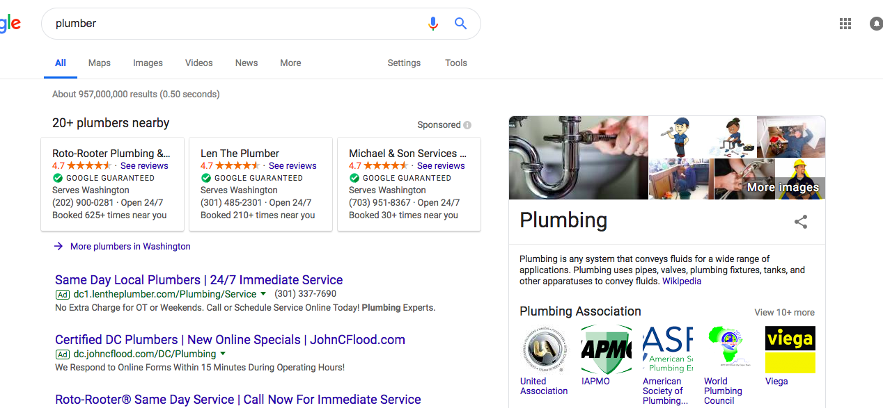 Google Search of Plumber
