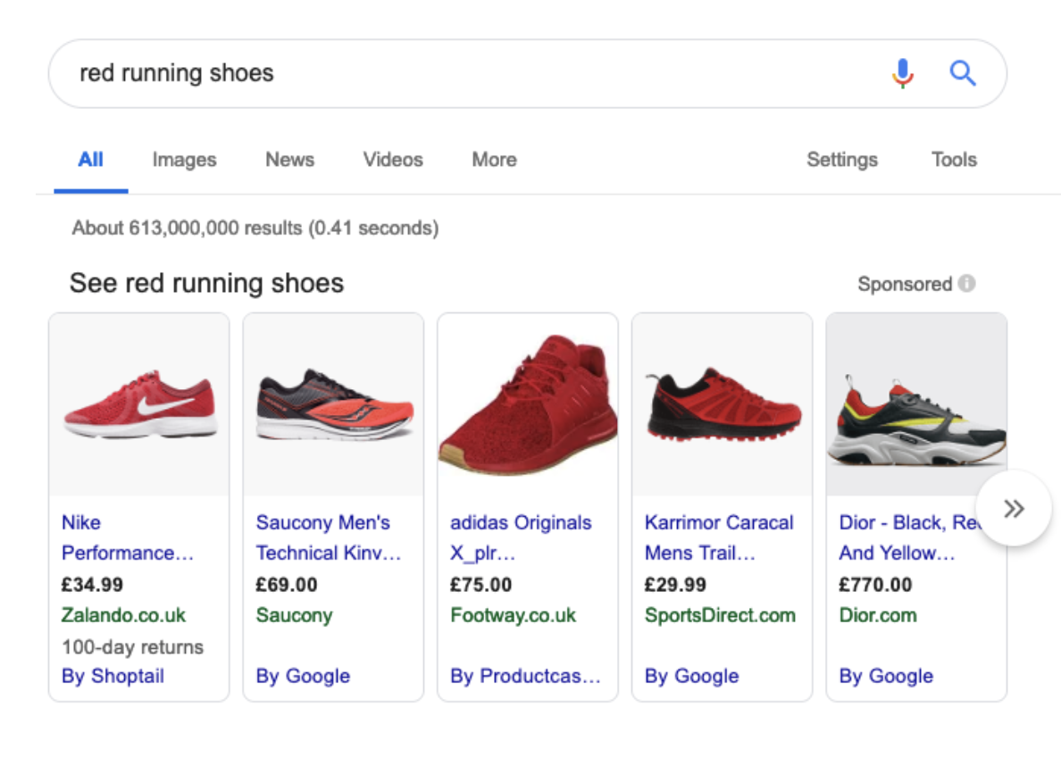 Google search results for "red running shoes"