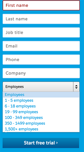 Screenshot of Salesforce web form with drop down menu