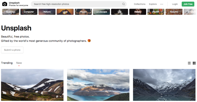 Screenshot of photo website Unsplash's homepage