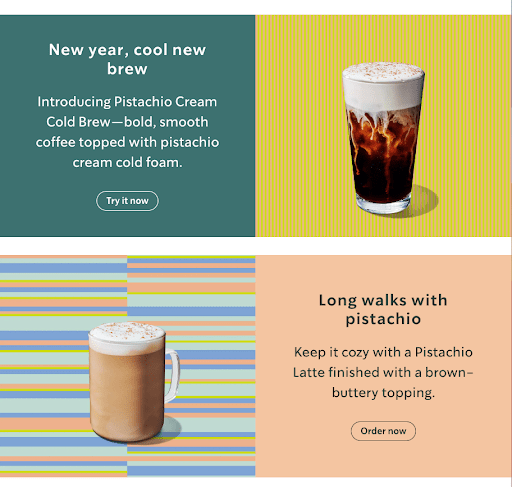Starbucks homepage features products