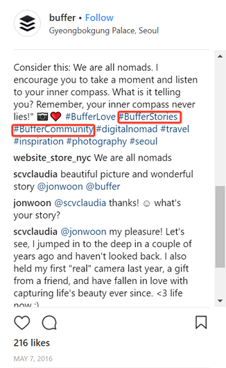 example of Instagram post from Buffer that uses unique, branded hashtags