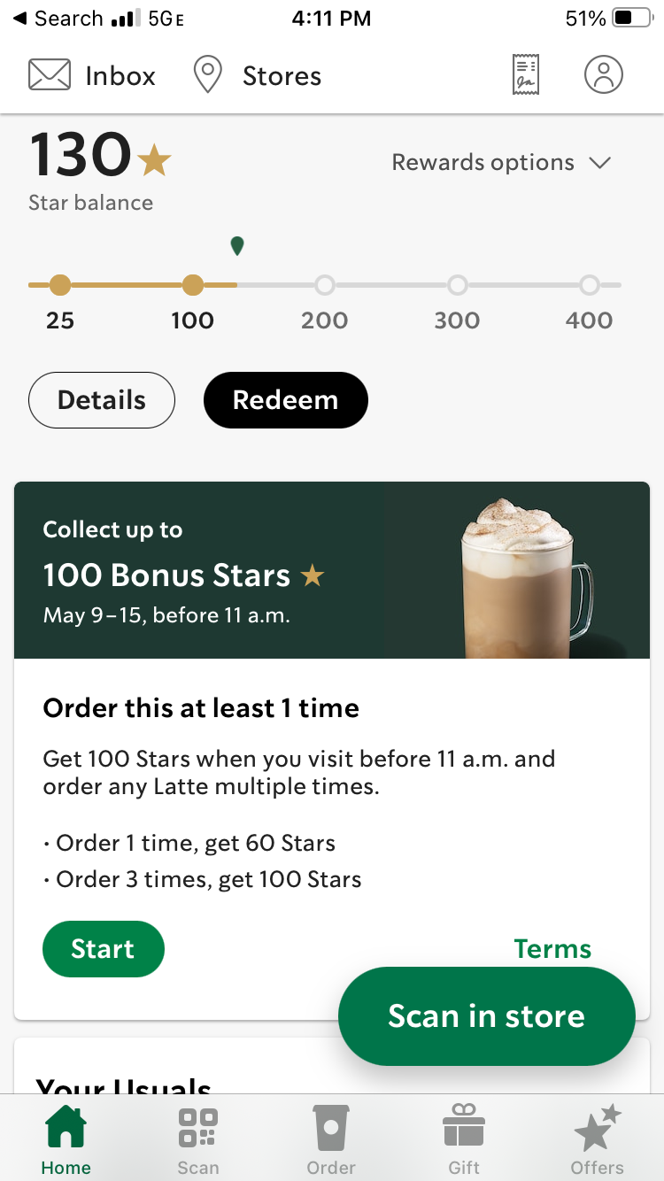 Starbucks rewards in app