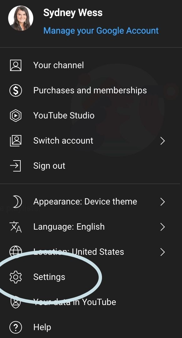 How to Delete a YouTube Channel - step 2: settings page