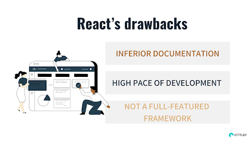 React has inferior documentation, is not a full-featured framework, and requires a fast pace