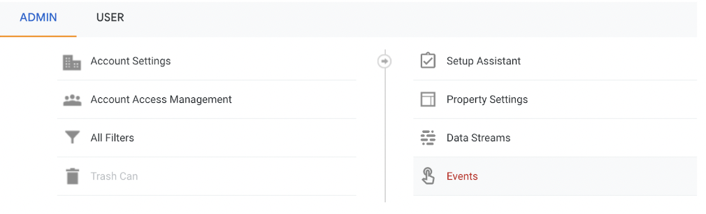 admin panel for setting up conversion events in google analytics