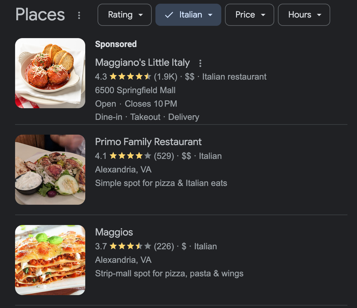 Restaurants nearby search results