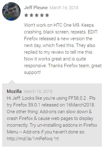Firefox offering feedback on review