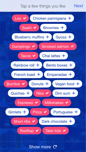 Foursquare lets app users select bubbles during onboarding process to indiciate preferences 